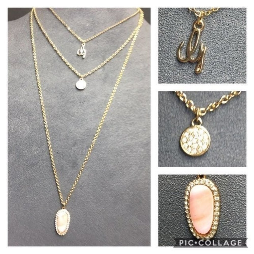 GUESS Three Strand Necklace Gold Pink MOP Triple Pendant Rhinestone Retro BoHo